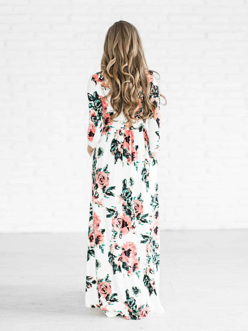 Long Sleeve Floral Print Belt Maxi Dress