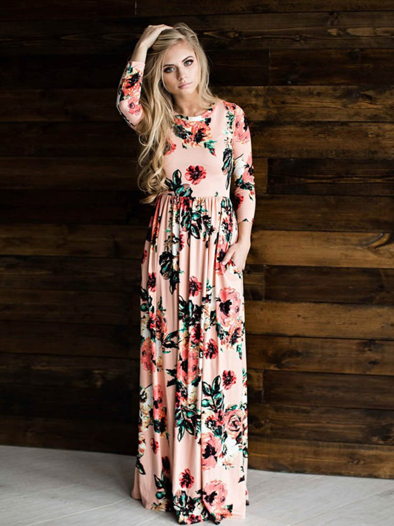 Long Sleeve Floral Print Belt Maxi Dress