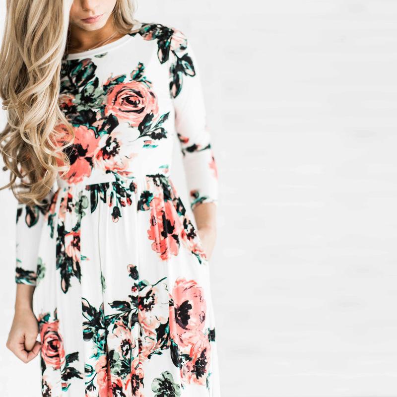 Long Sleeve Floral Print Belt Maxi Dress