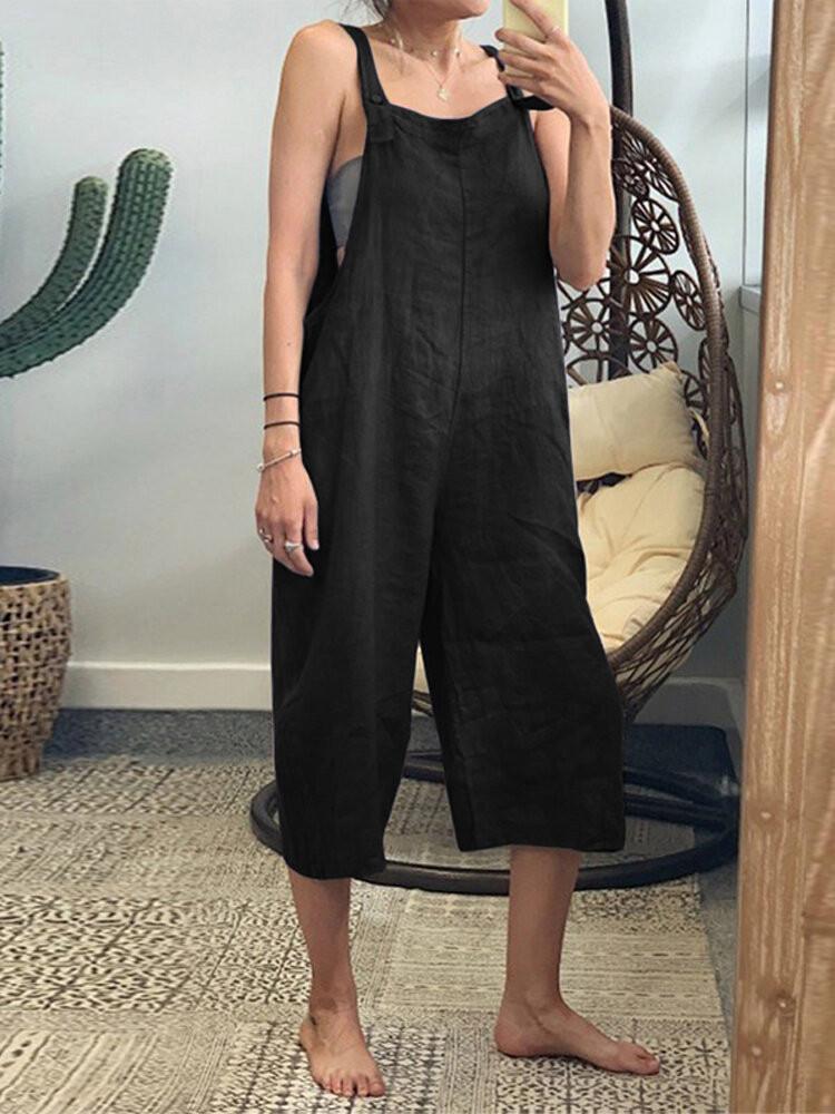 Women's Pocket  Cotton Solid Loose Jumpsuit