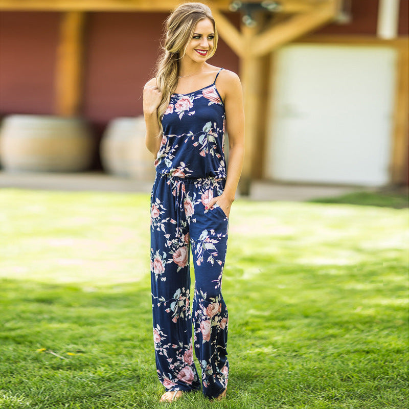 Sleeveless Spaghetti Strap Tie Waist Floral Jumpsuit