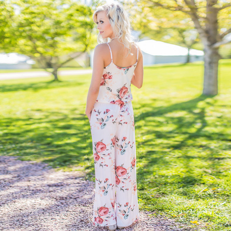 Sleeveless Spaghetti Strap Tie Waist Floral Jumpsuit