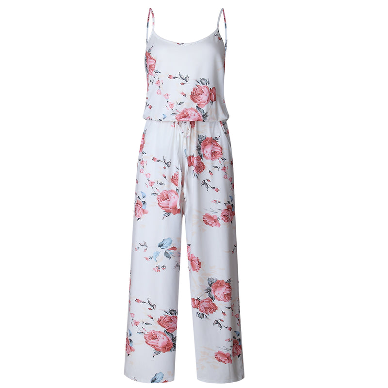 Sleeveless Spaghetti Strap Tie Waist Floral Jumpsuit