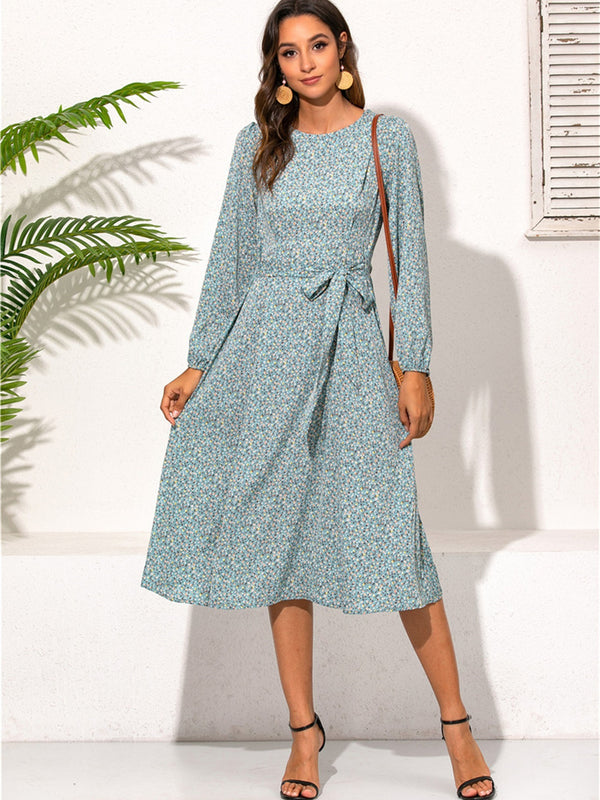 Casual Ditsy Floral Print Long Sleeve Midi Dress