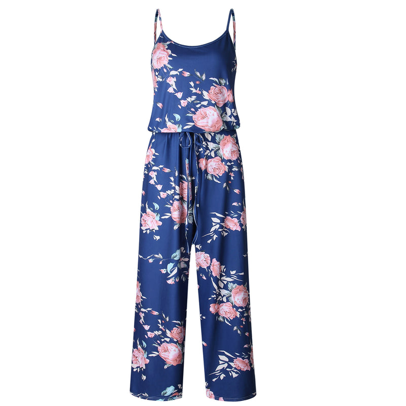 Sleeveless Spaghetti Strap Tie Waist Floral Jumpsuit