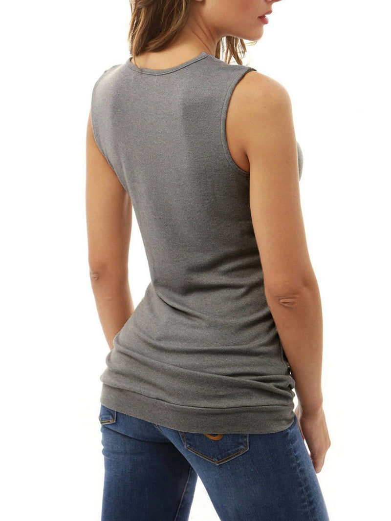 Round Neck Sleeveless Buttons Top T-shirt