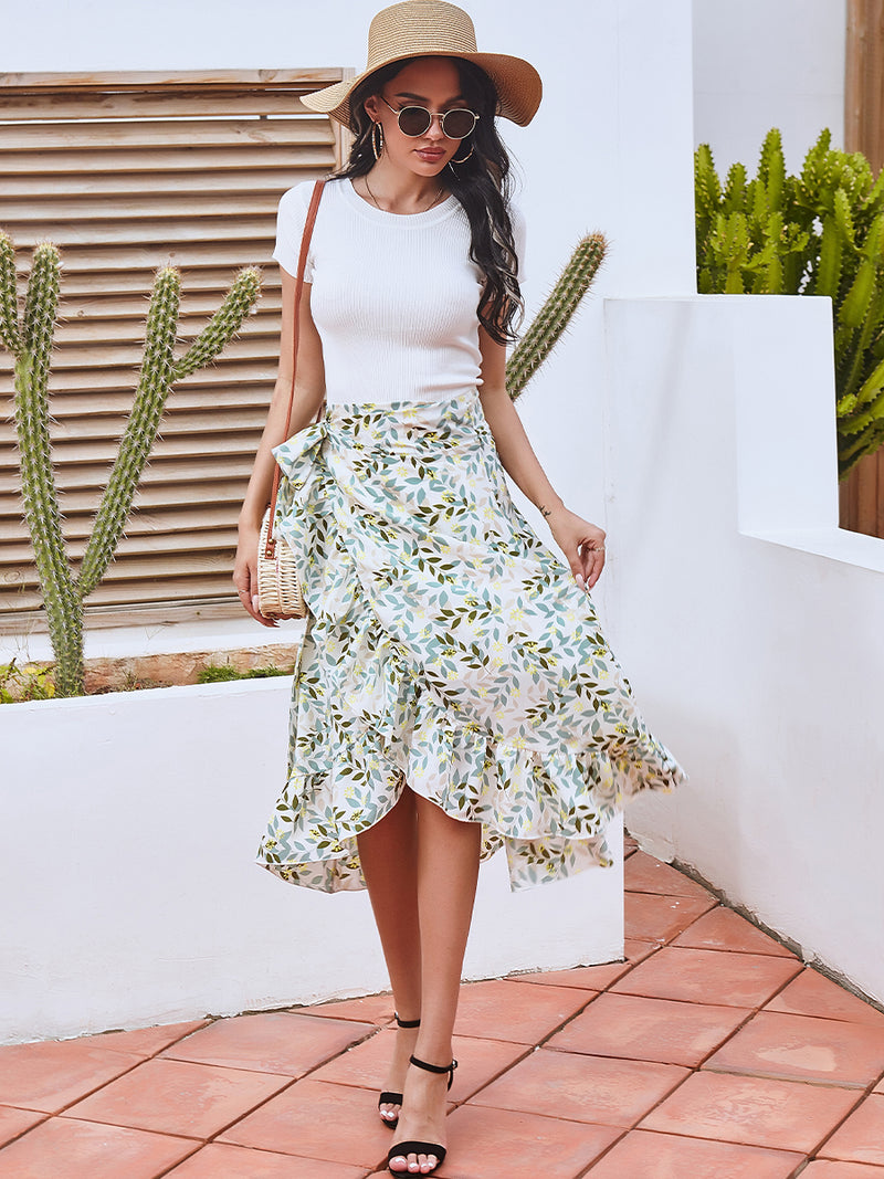 Floral Print Wrap Ruffle  High Waist Flowy Midi Skirt with Slit