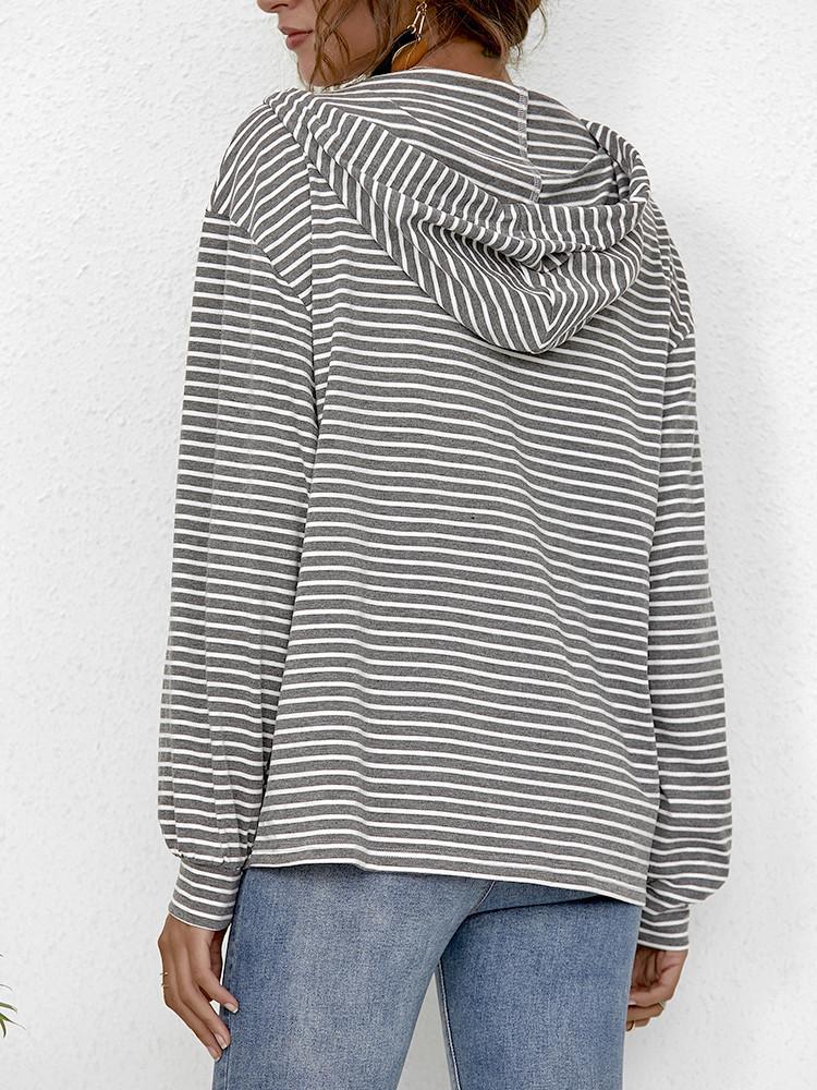 Striped Pocket Drawstring Loose Hoodie