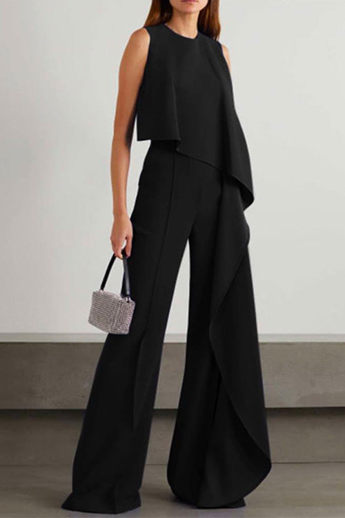 Irregular Drape Front Bell Bottoms Sleeveless Jumpsuit