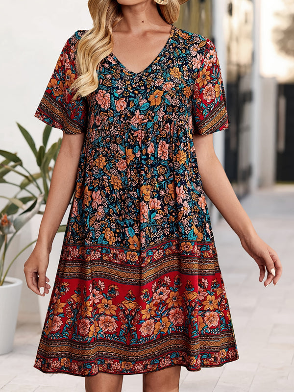 Casual Floral Print V Neck Short Sleeve Mini Dress