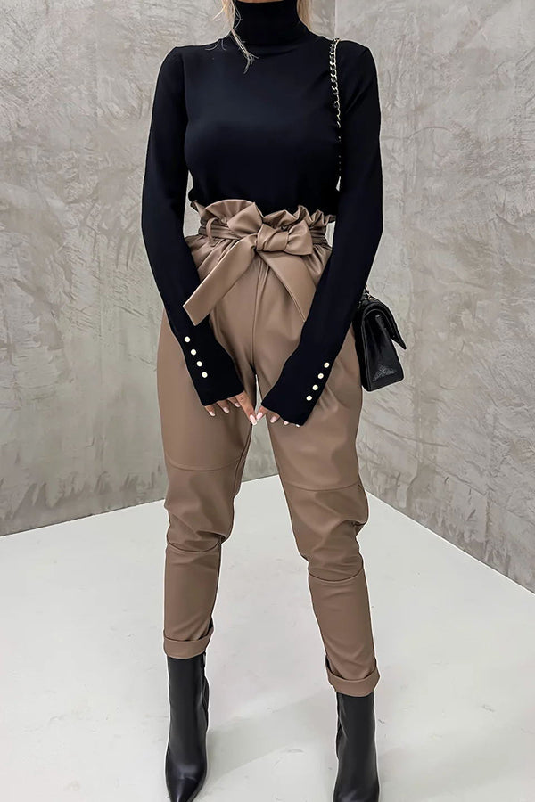 The Dash Petal Waist Pocketed Faux Leather Pants