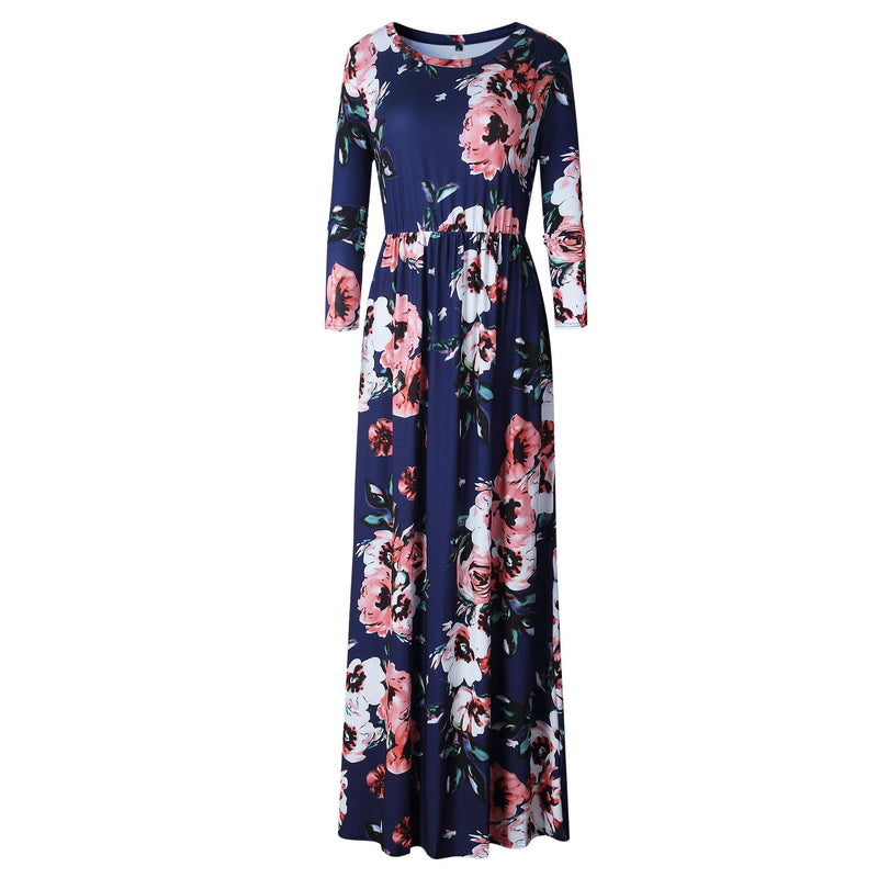 Long Sleeve Floral Print Belt Maxi Dress