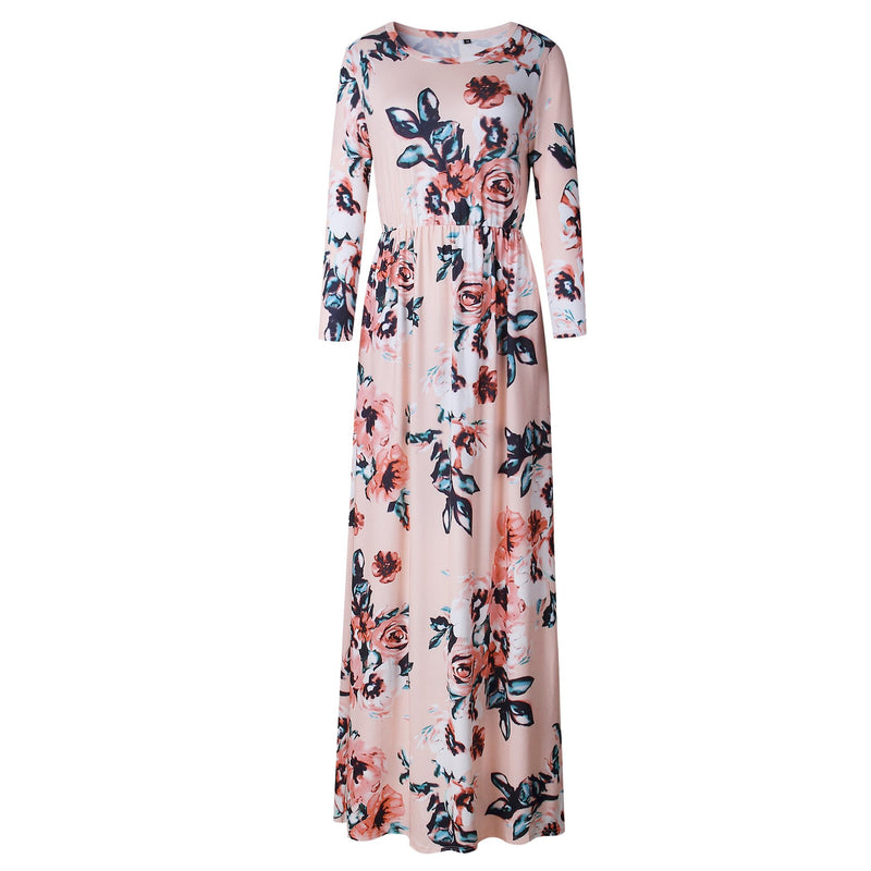 Long Sleeve Floral Print Belt Maxi Dress