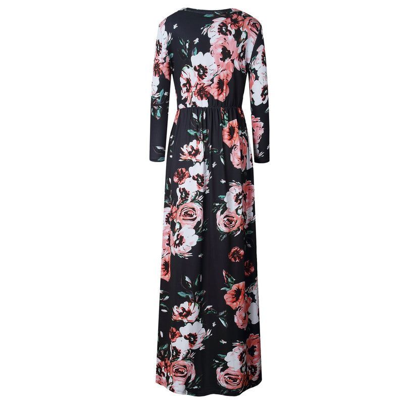 Long Sleeve Floral Print Belt Maxi Dress