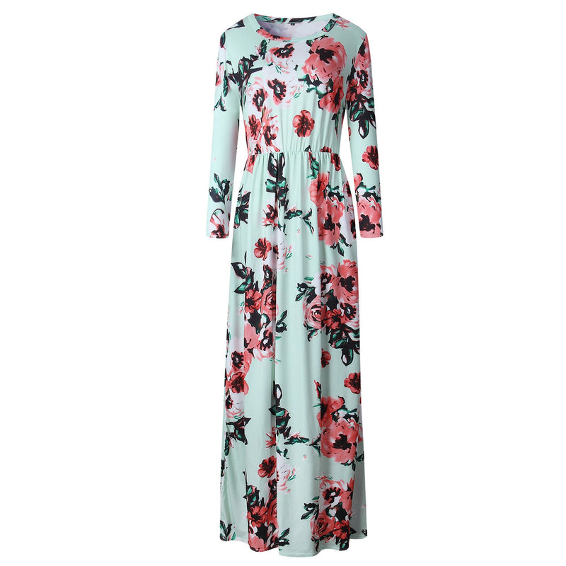 Long Sleeve Floral Print Belt Maxi Dress