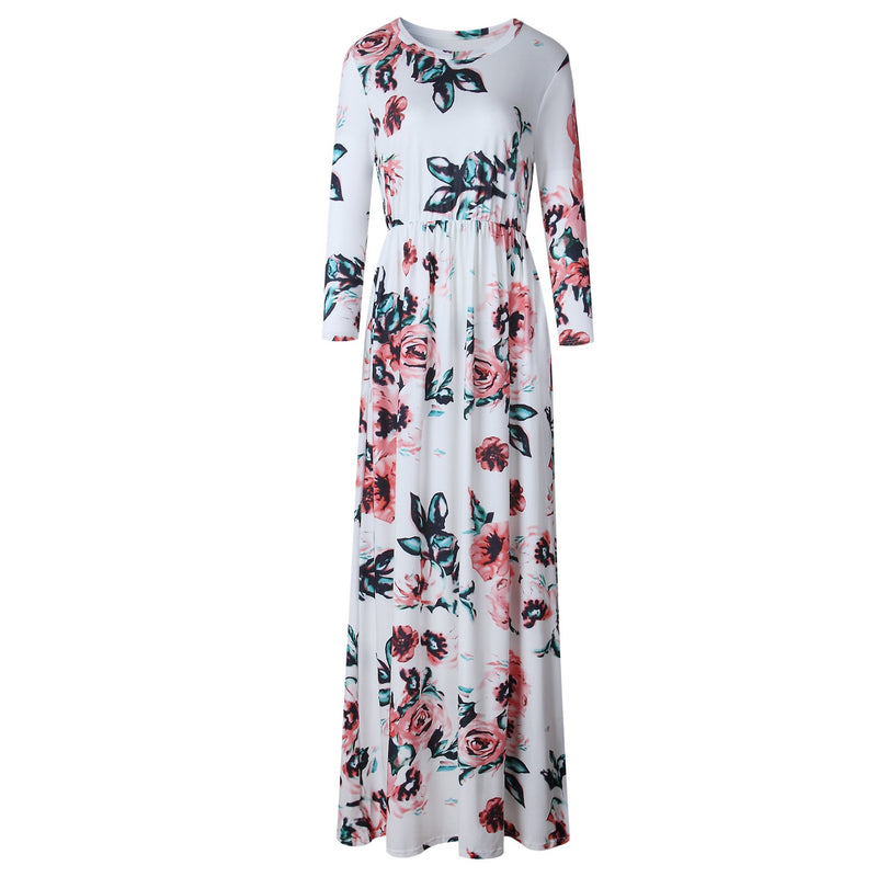 Long Sleeve Floral Print Belt Maxi Dress