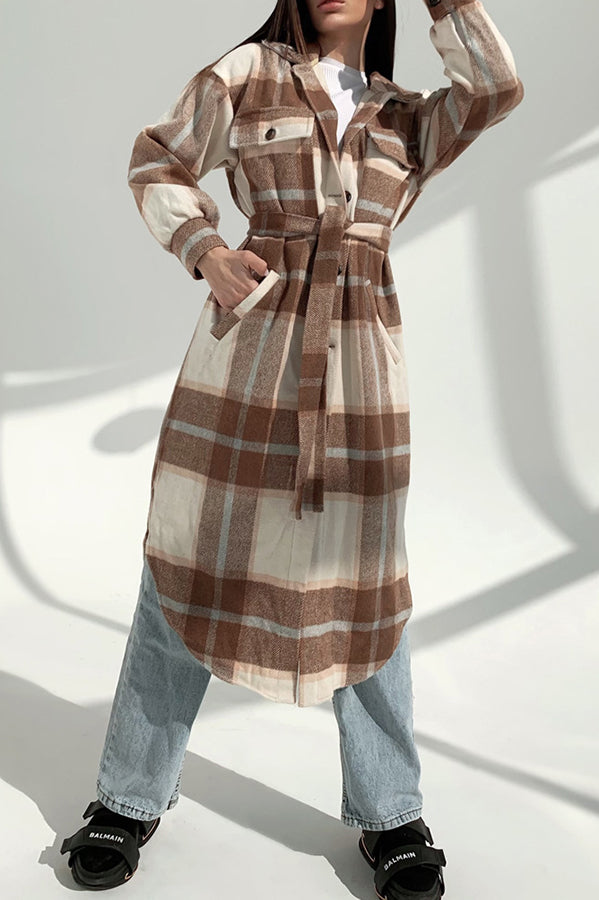 Warm on Up Belted Plaid Midi Coat