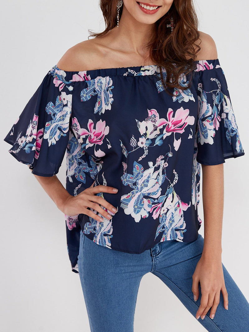 Floral Off Shoulder Blouse Irregular Hem - Landing Closet