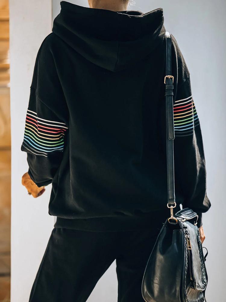 Black Rainbow Hoodie Drawstring Pants Two-piece