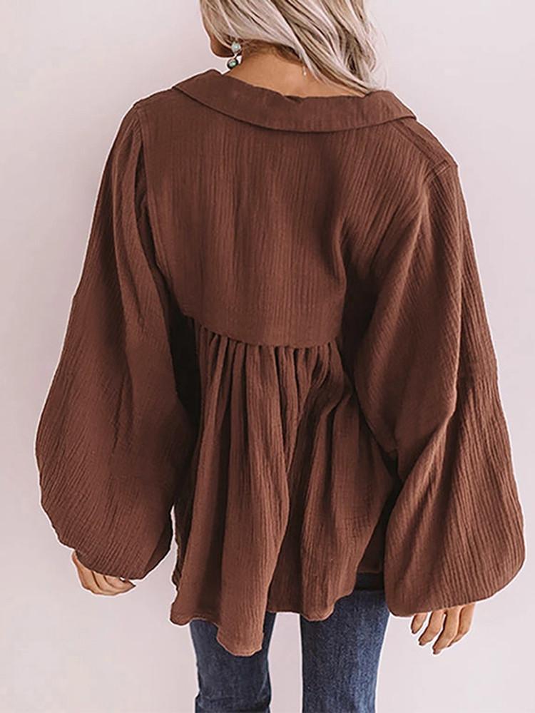 Lapel  V-neck Lantern Sleeve Pleated Blouse