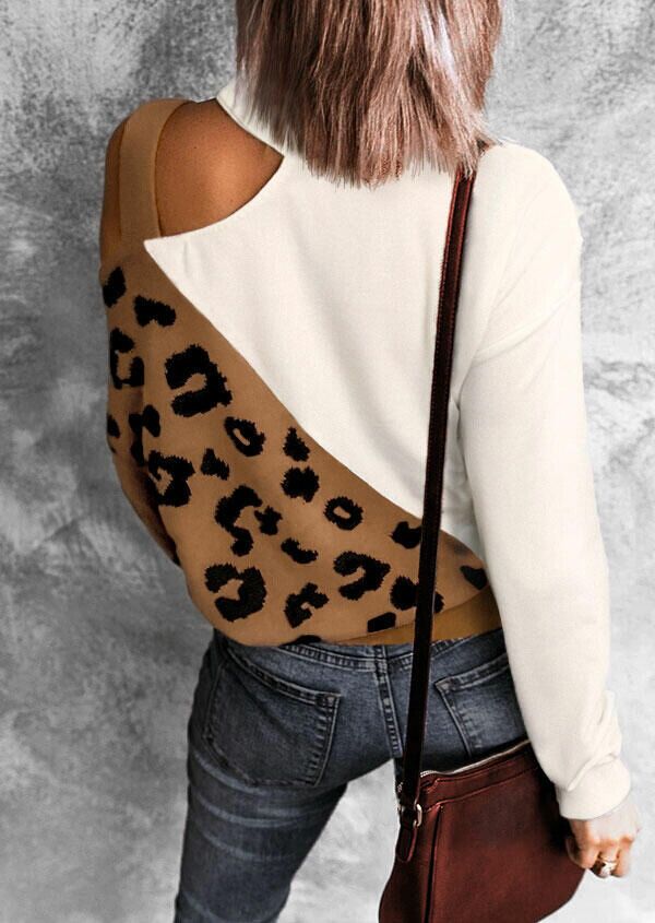 Leopard One Sided Cold Shoulder Halter Blouse