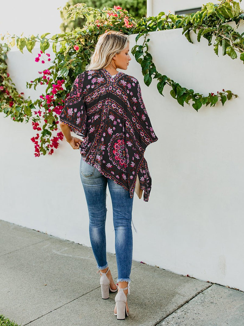 Floral Print Front Open Short Sleeve Cardigan - Landing Closet