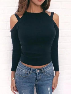 Crew Neck Cold Shoulder Long Sleeves Top T-shirt - Landing Closet