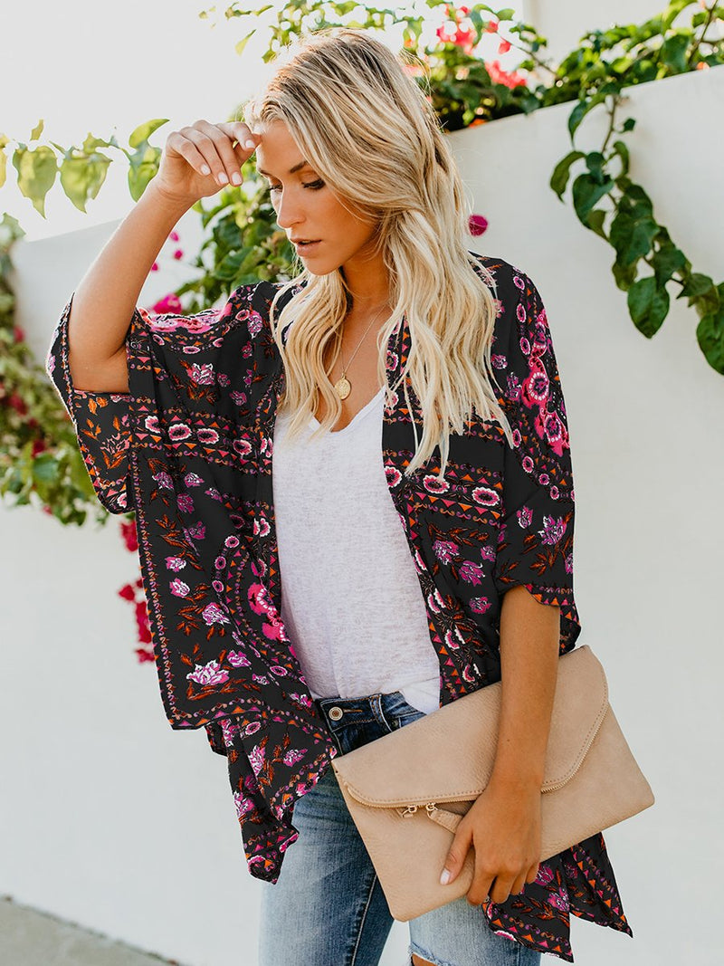 Floral Print Front Open Short Sleeve Cardigan - Landing Closet