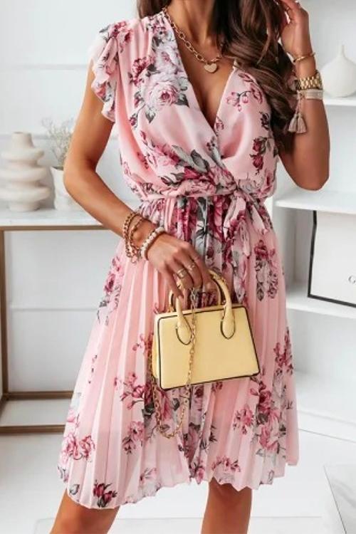 V Neck Ruffle Sleeve Pleated Floral Dress