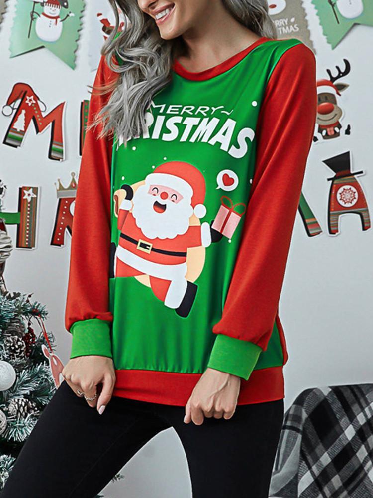 Christmas Print Splicing Long Sleeve T-shirt