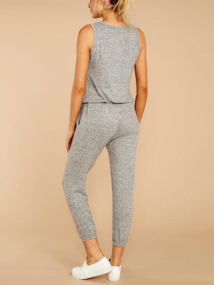 Sleeveless Zipper-Front Drawstring Pockets Jumpsuit