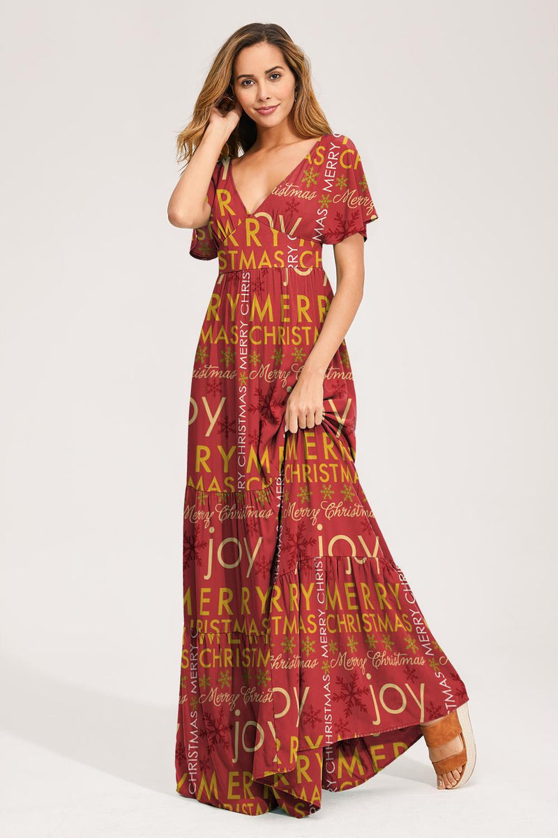 Floral V-neck Short Sleeves Maxi Dress