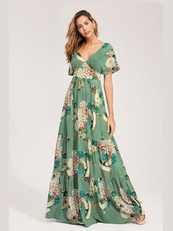 Floral V-neck Short Sleeves Maxi Dress