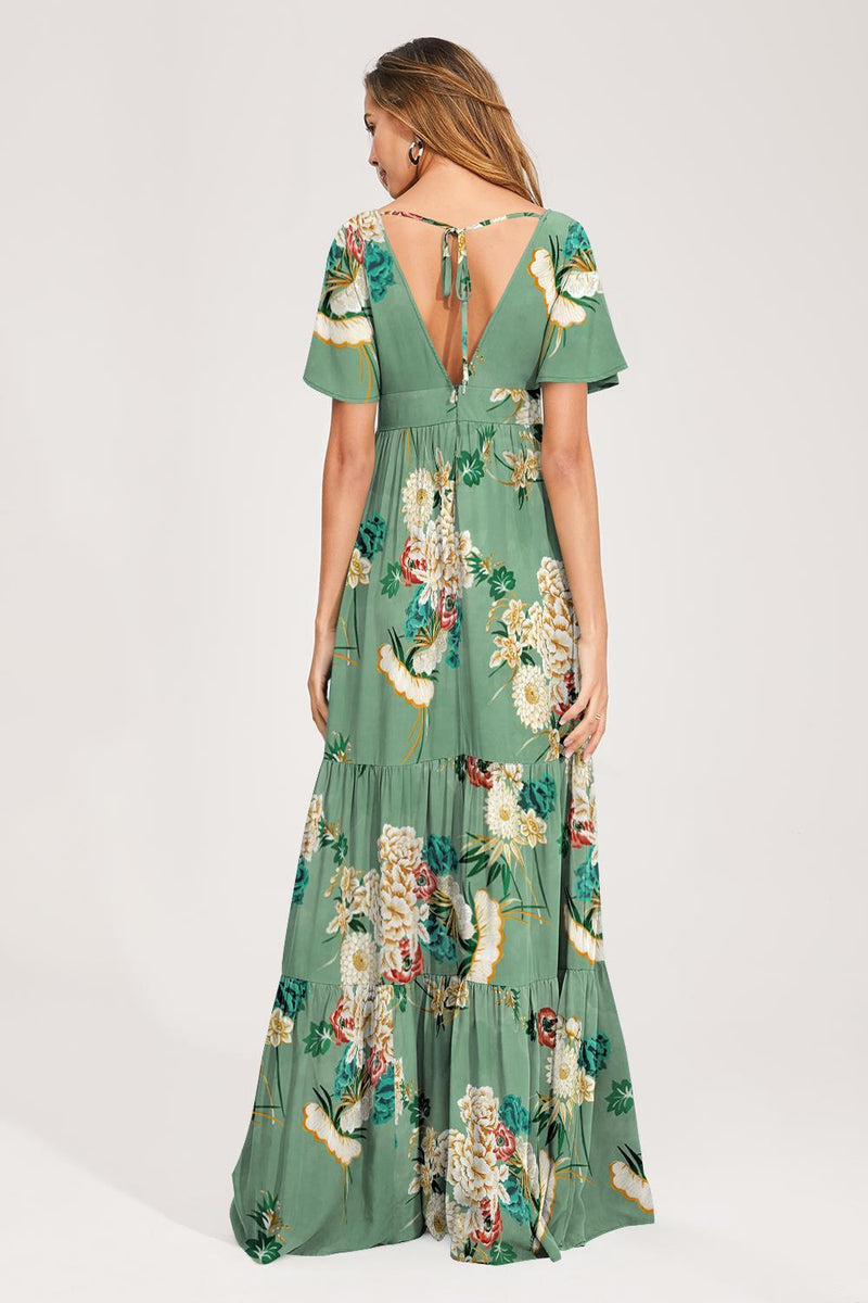 Floral V-neck Short Sleeves Maxi Dress