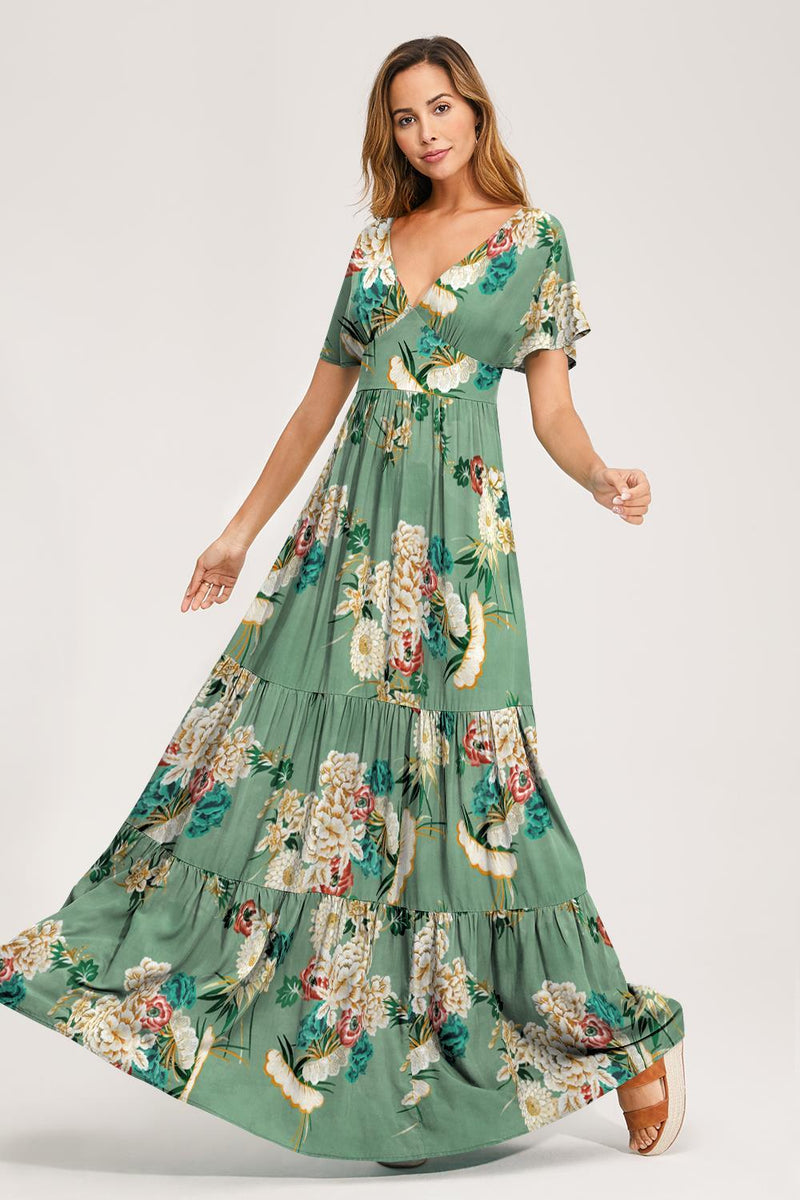 Floral V-neck Short Sleeves Maxi Dress