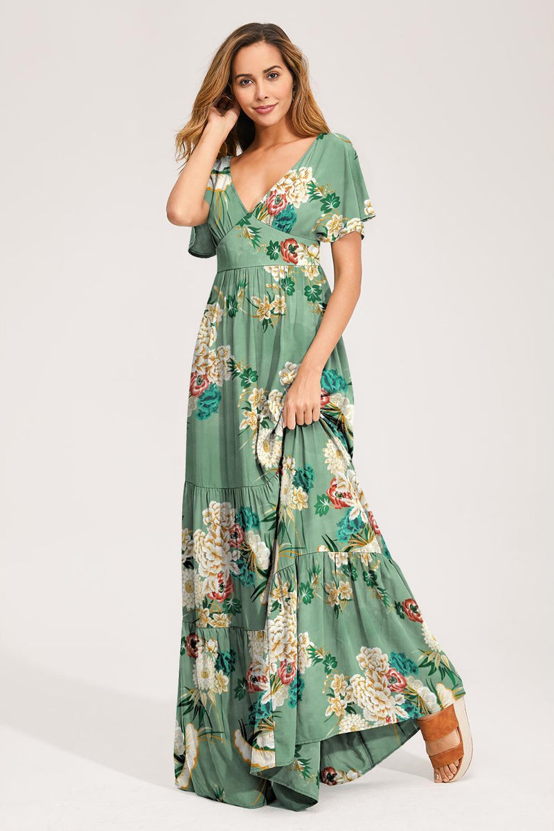 Floral V-neck Short Sleeves Maxi Dress