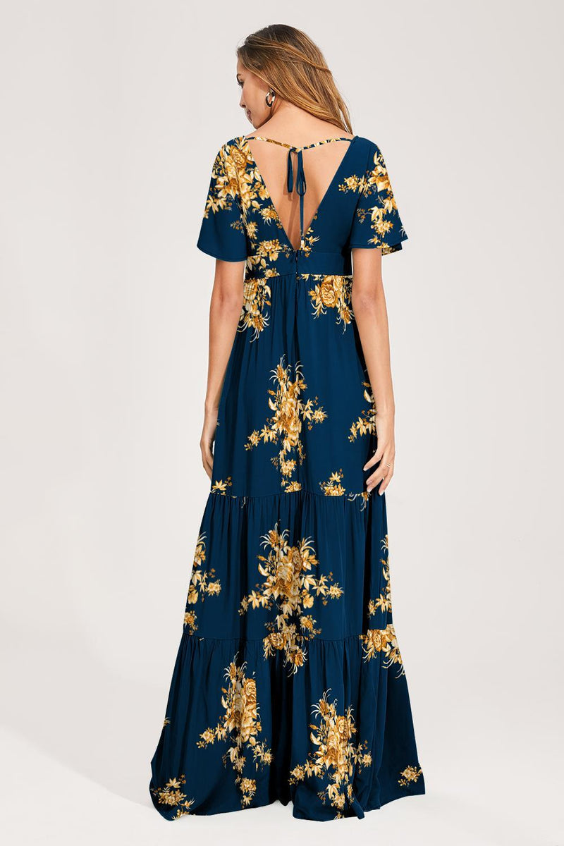 Floral V-neck Short Sleeves Maxi Dress