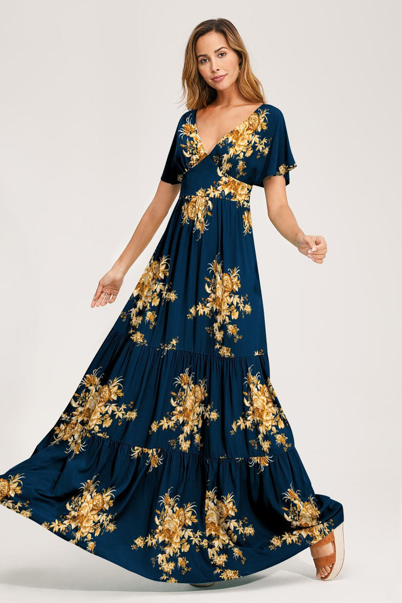 Floral V-neck Short Sleeves Maxi Dress