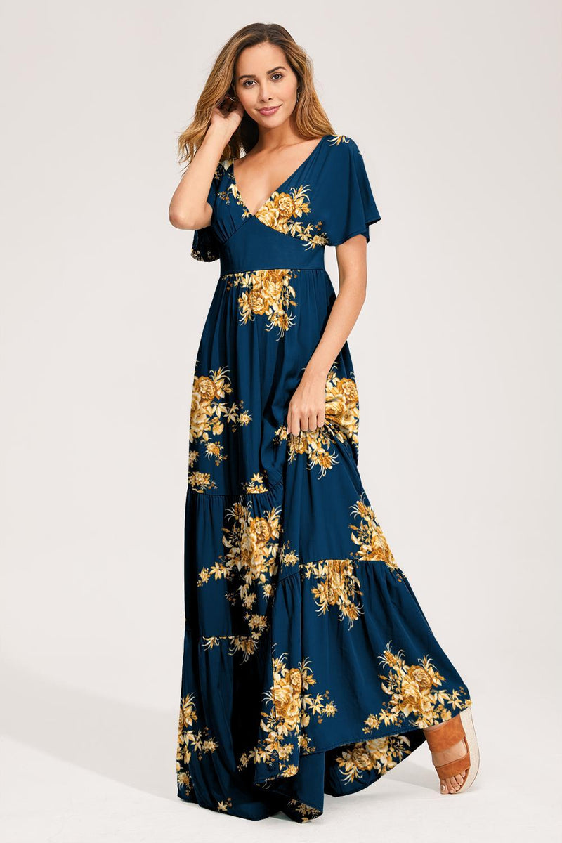 Floral V-neck Short Sleeves Maxi Dress