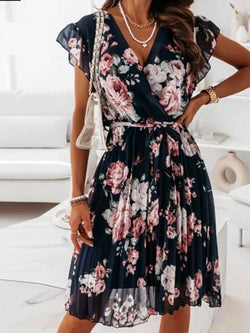 V Neck Ruffle Sleeve Pleated Floral Dress