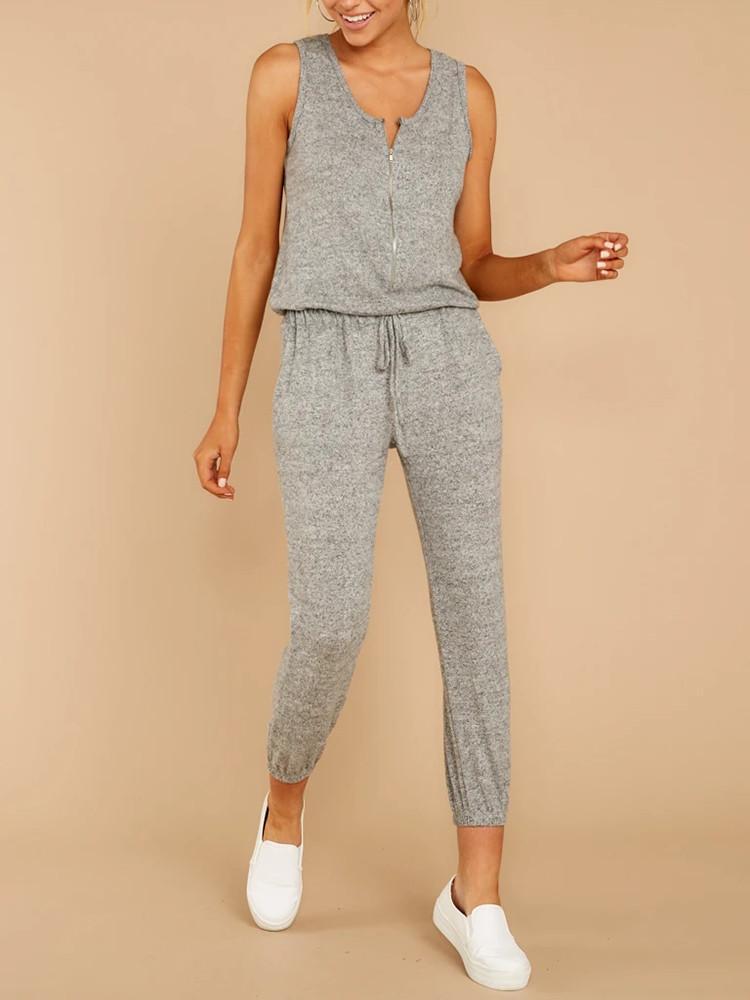 Sleeveless Zipper-Front Drawstring Pockets Jumpsuit