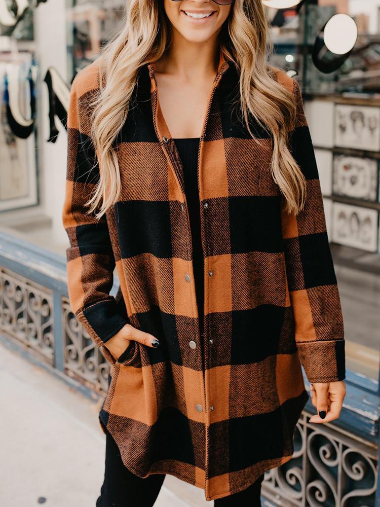 Plaid Pocket Snap Button Coat