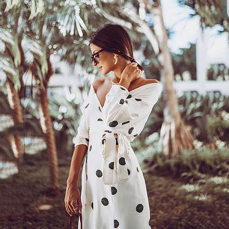 Casual Large Polka Dot V Neck Off Shoulder Maxi Dress