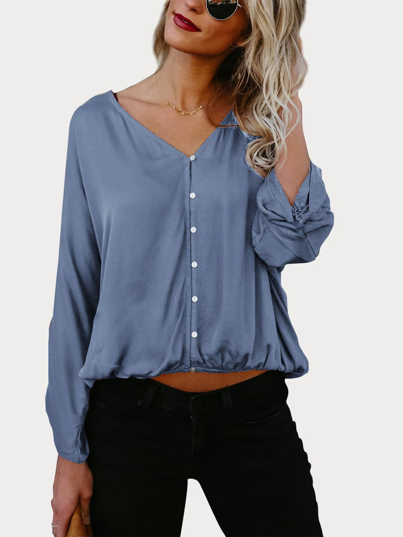 Green Button Down V Neck Casual Blouse - Landing Closet