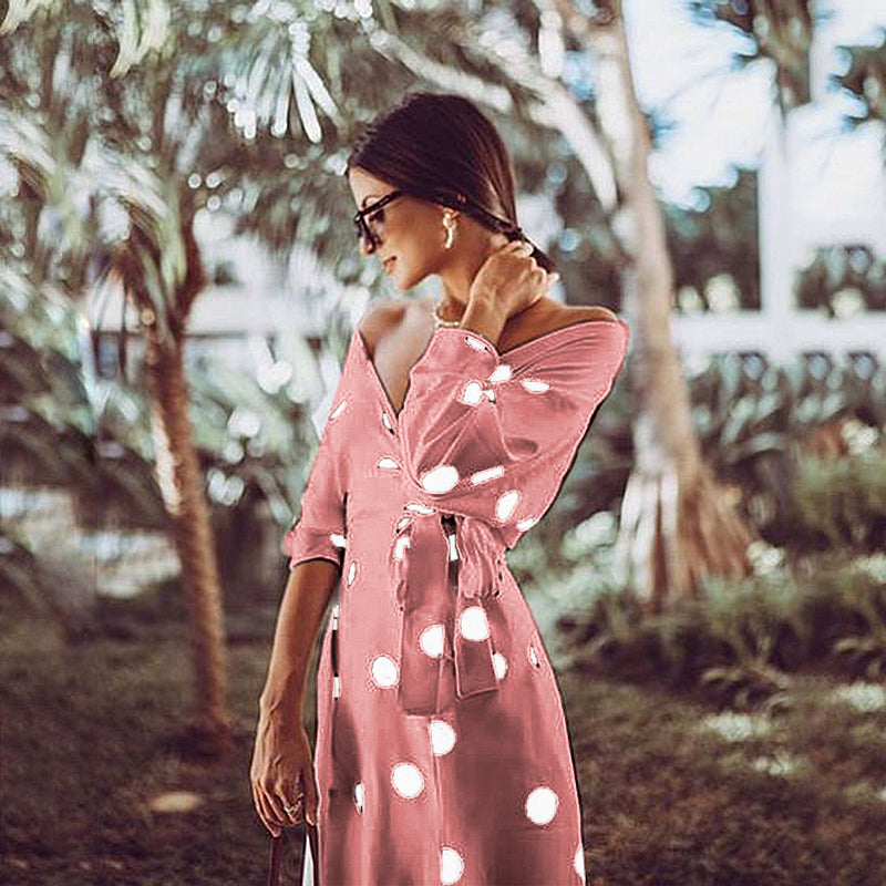 Casual Large Polka Dot V Neck Off Shoulder Maxi Dress