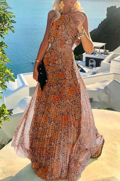 Sleeveless Halter Waisted Printed Flowy Maxi Dress