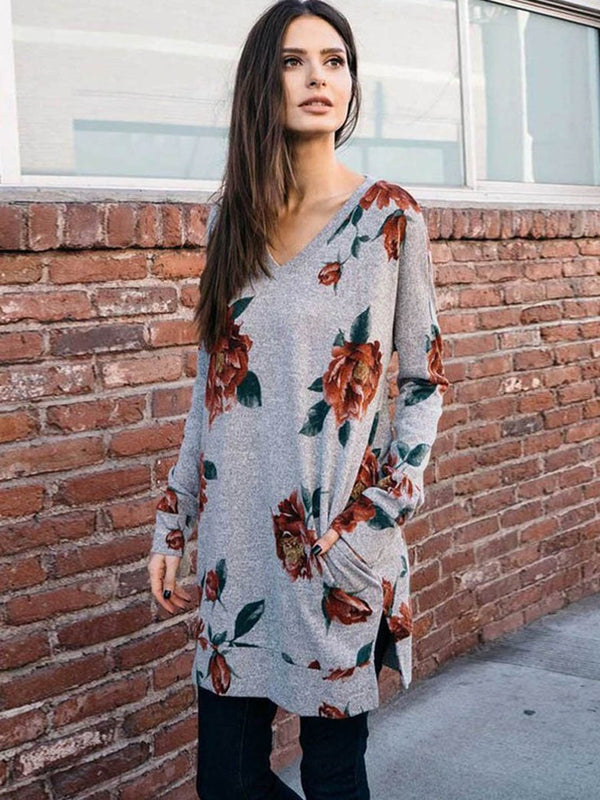 Floral Printed V-neck Long Sleeves Side Slit Pullover Top