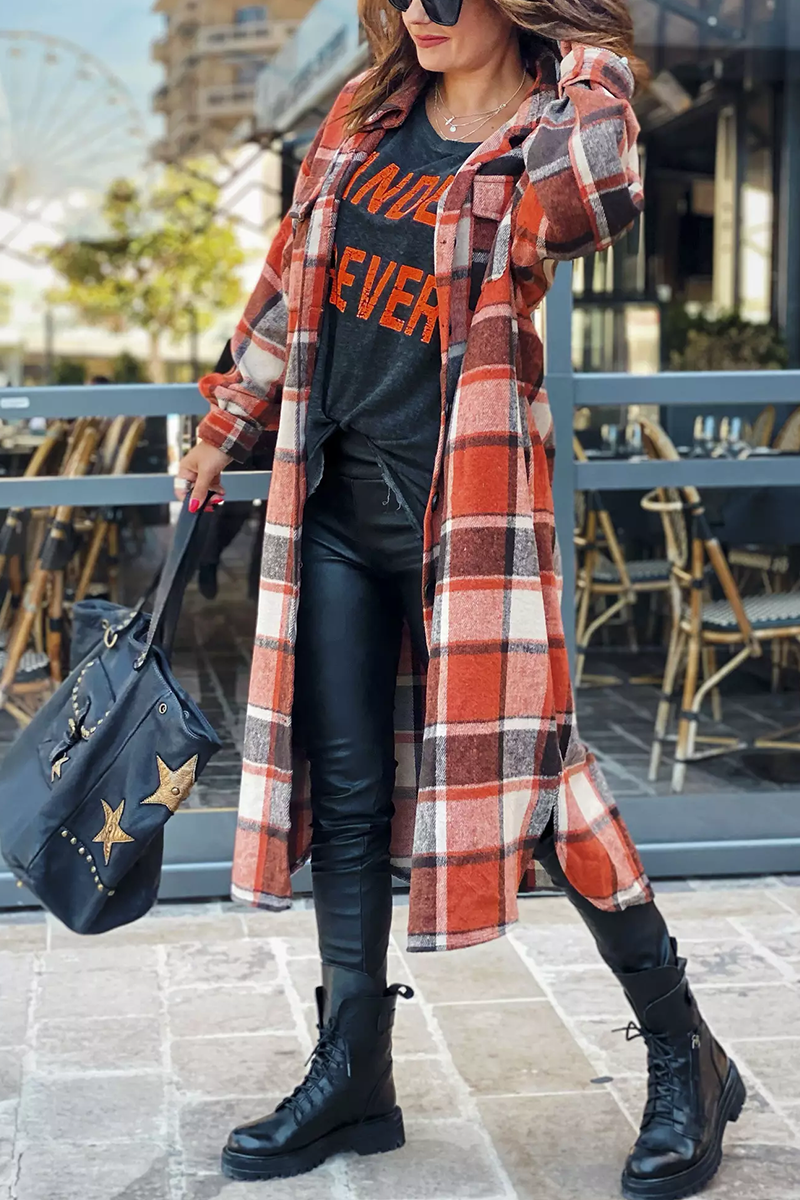 Lapel Plaid Print Woolen Long Coat