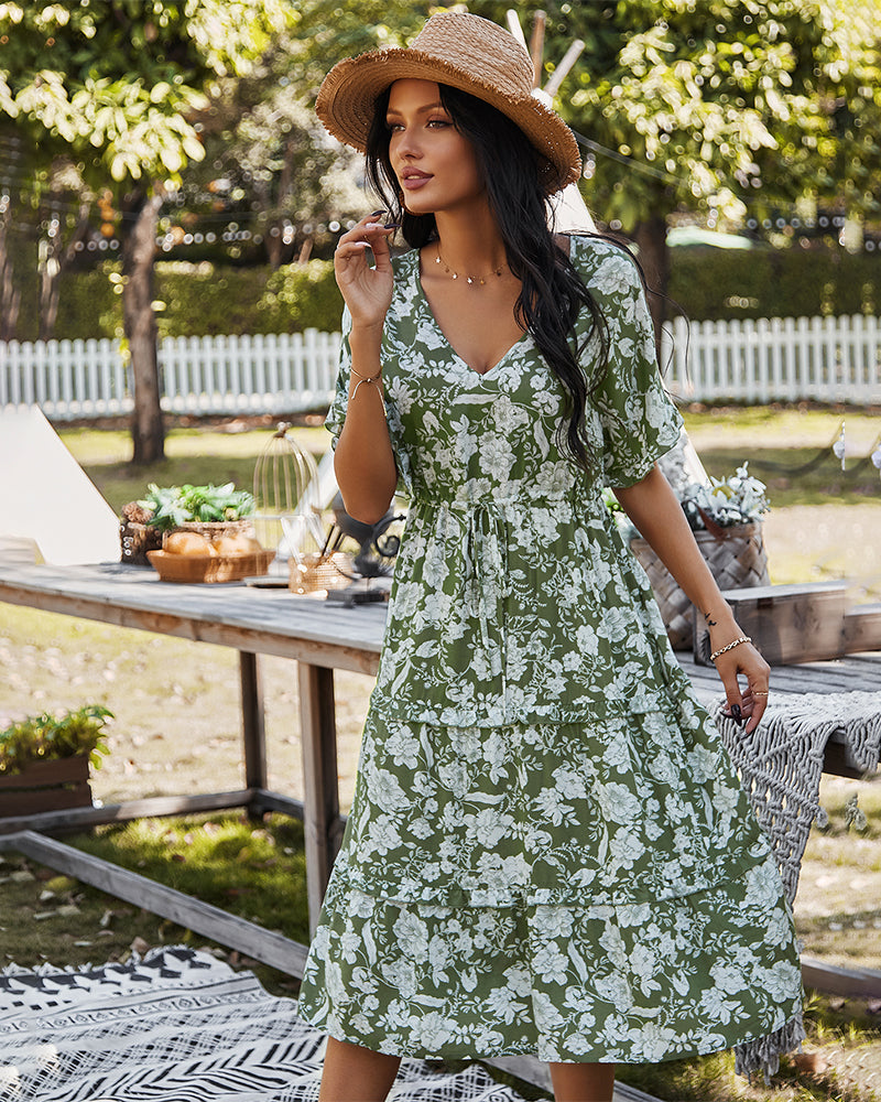 Short Sleeve Floral Midi V Neck Dress