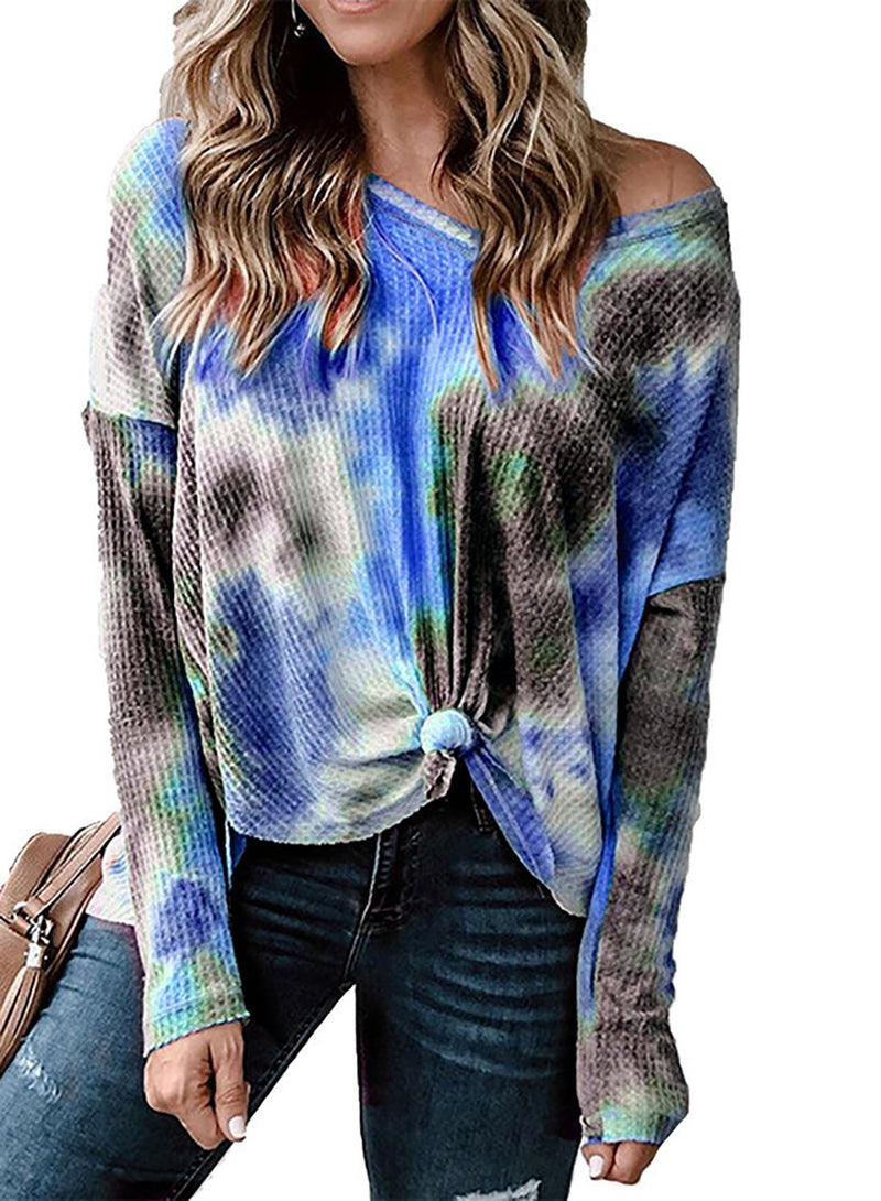 Off Shoulder Tie Dyed Women Casual Long Sleeve Shirt